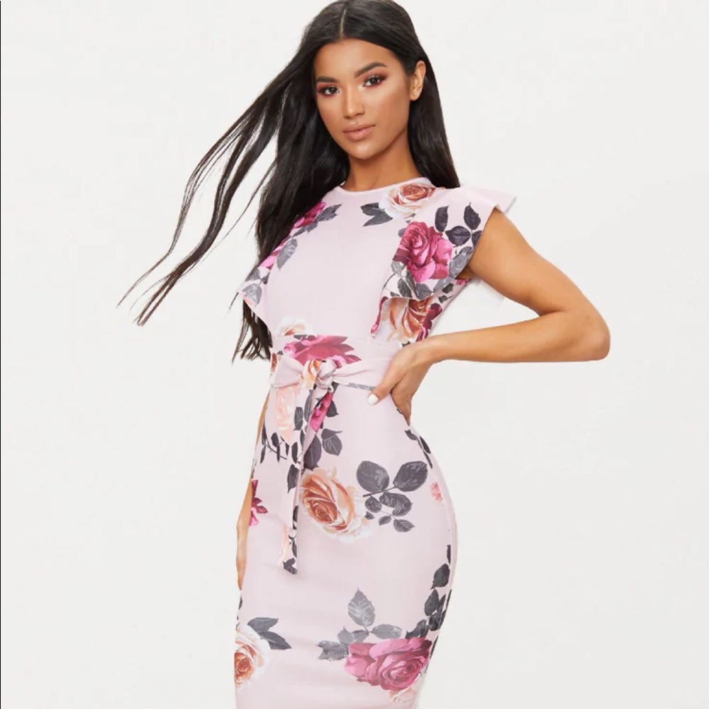 Dusty Pink Floral Print Frill Detail Midi Dress